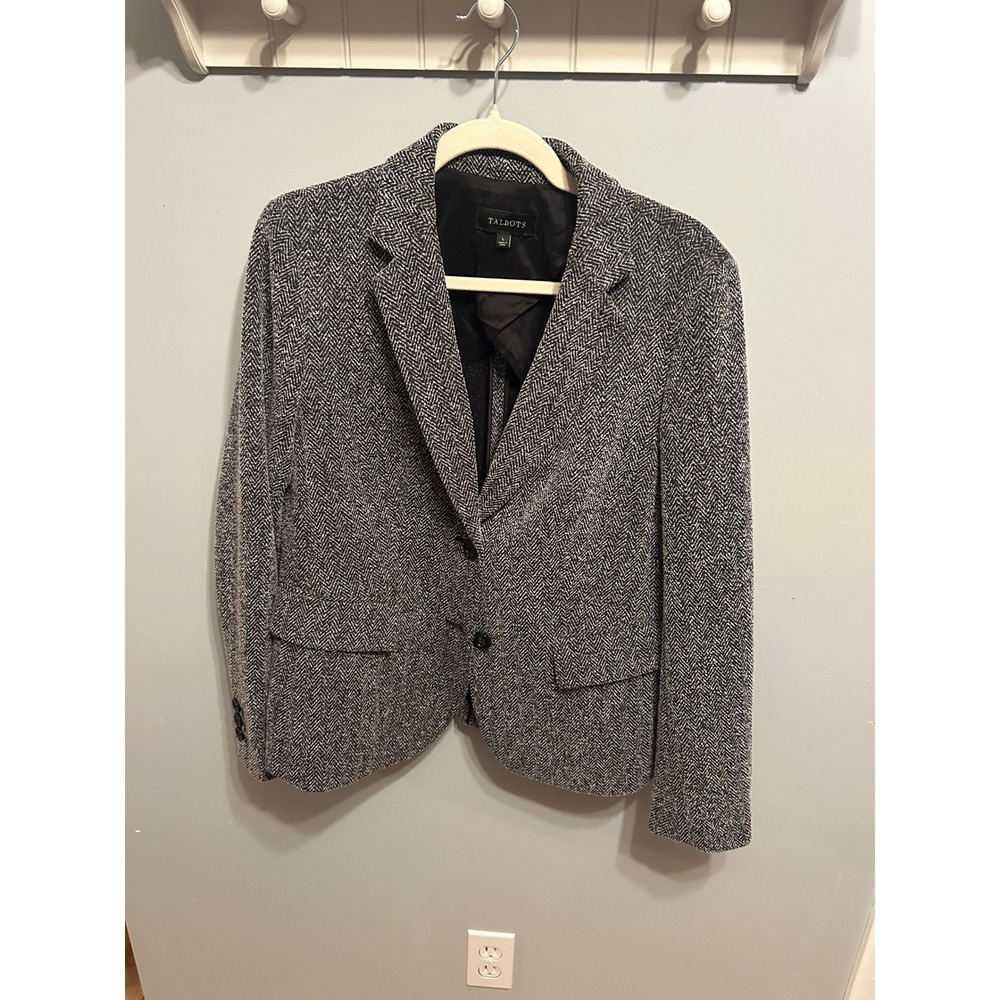 Talbots Womens Black White Herringbone Blazer Jacket Two Button Lined Size Large
